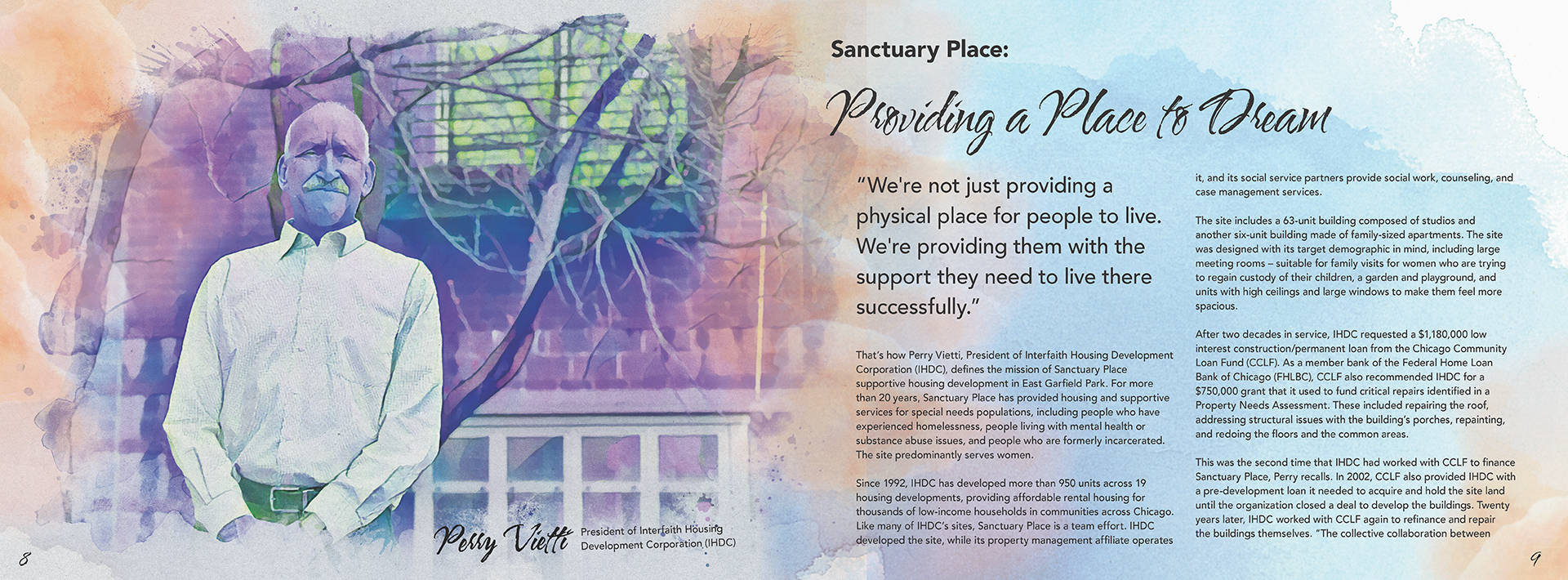 Internal print spread design from the Chicago Community Loan Fund annual report cover design