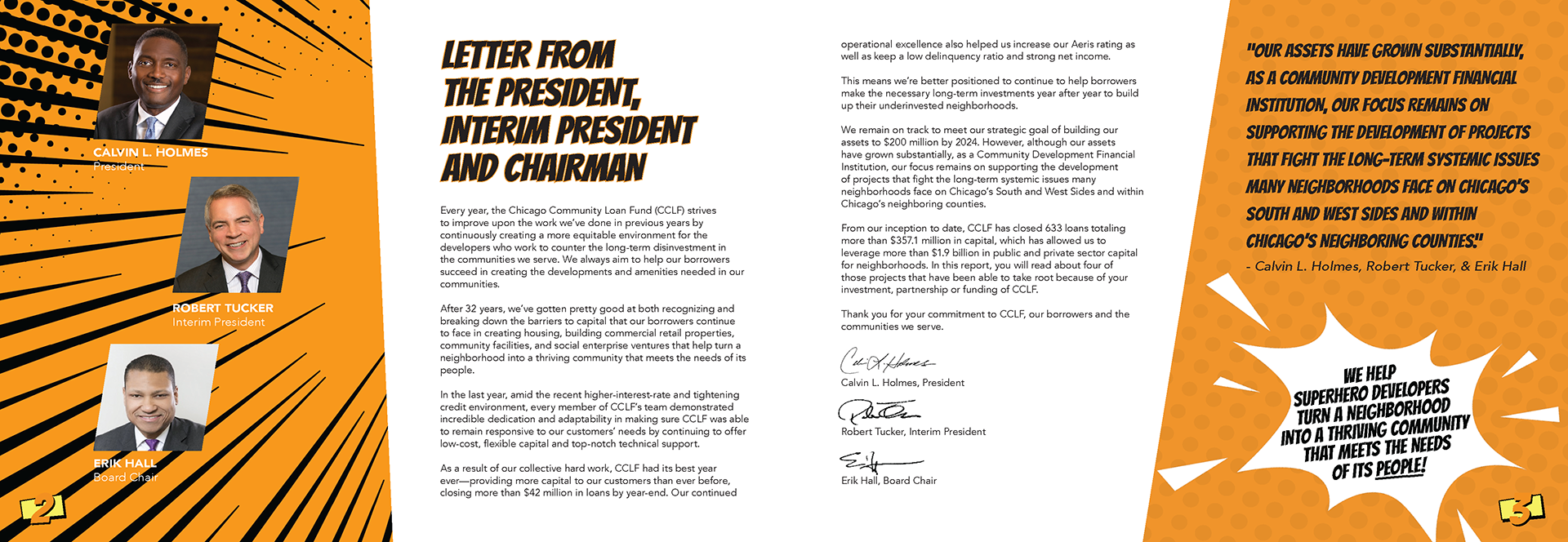 Internal print spread design from the Chicago Community Loan Fund annual report cover design
