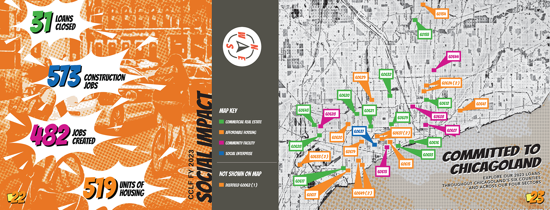 Internal print spread design from the Chicago Community Loan Fund annual report cover design